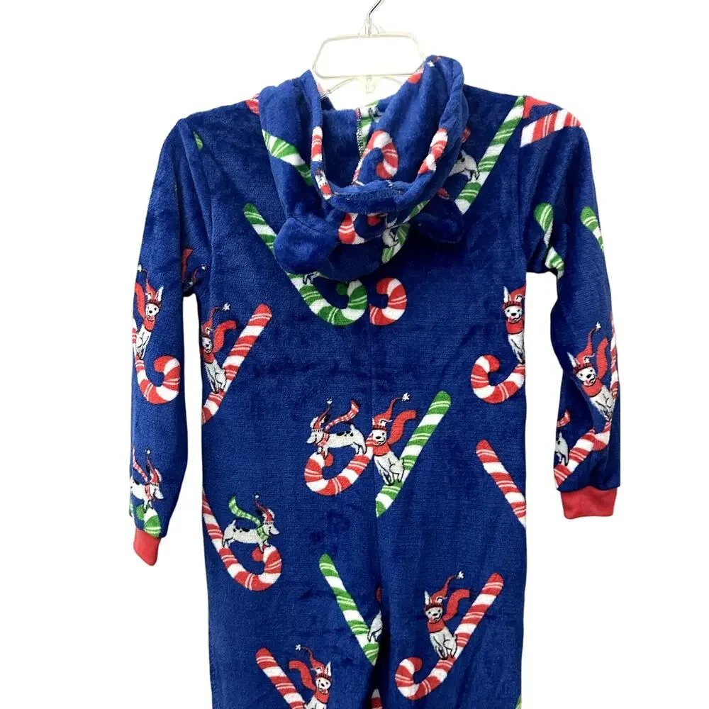 Munki Munki Youth Candy Cane Sled Hooded Fleece Pajamas Zip-Up One-Piece Blue 4